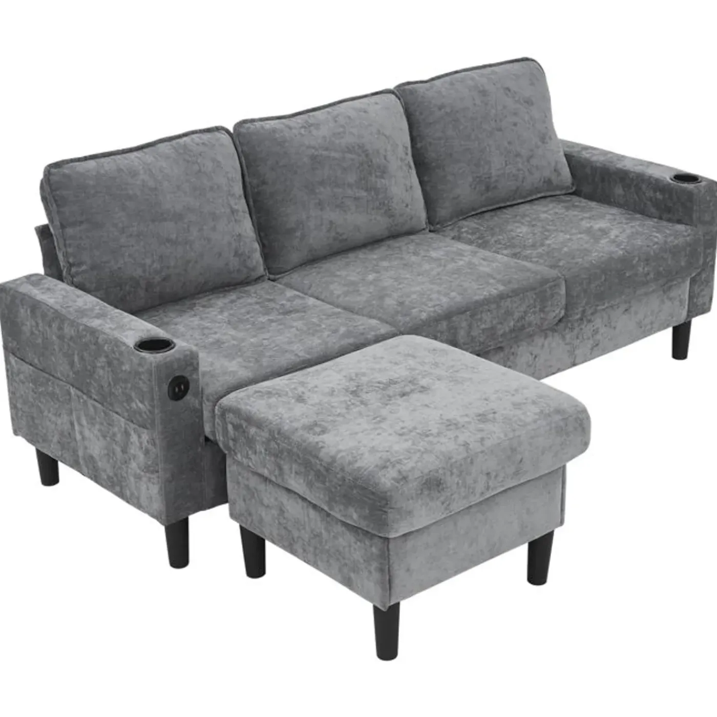 NO BRAND Slaapbank 3 Plaatsen In Modulaire L-vorm, Linnenstof Grijs, Met Usb-poorten, 202x137x80 Cm