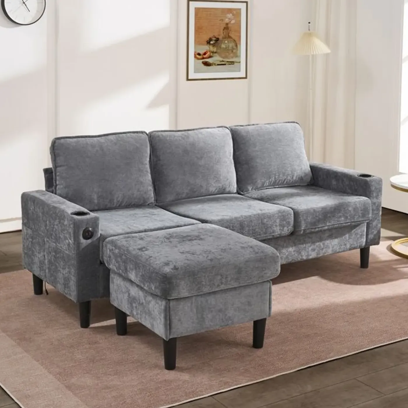 NO BRAND Slaapbank 3 Plaatsen In Modulaire L-vorm, Linnenstof Grijs, Met Usb-poorten, 202x137x80 Cm