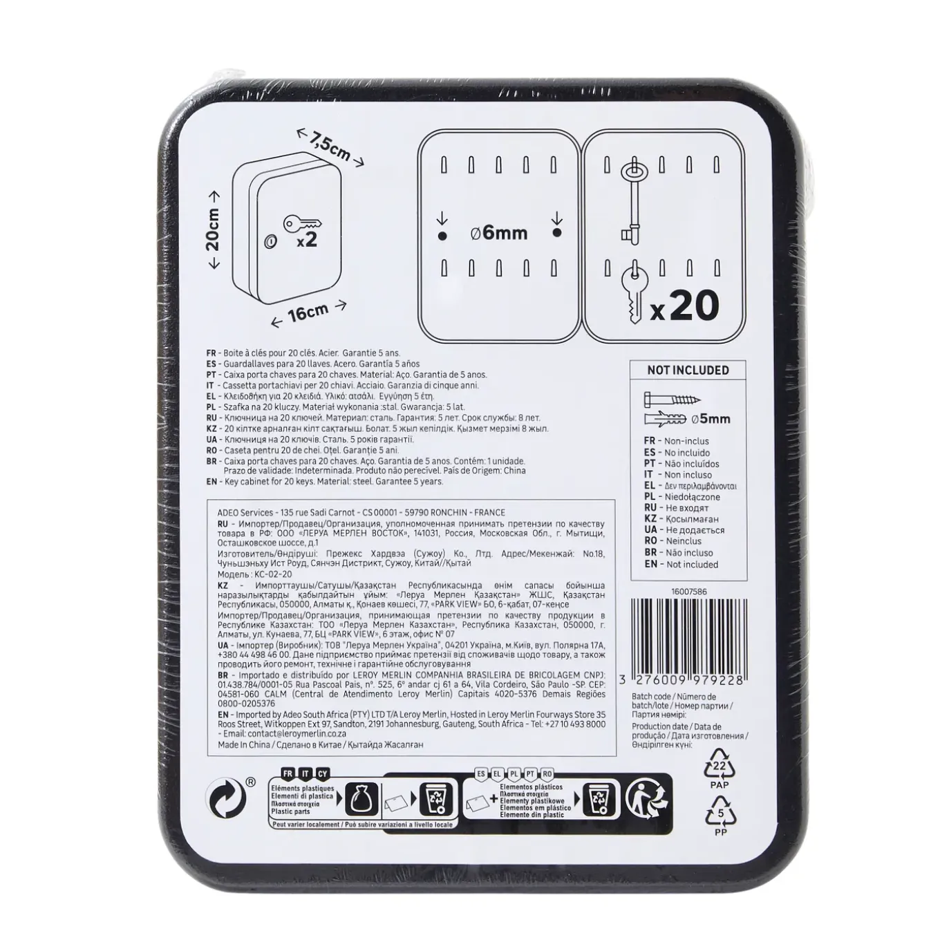 Sleutelkast 10359202 - met sleutelslot - wandmontage - capaciteit 20 sleutels