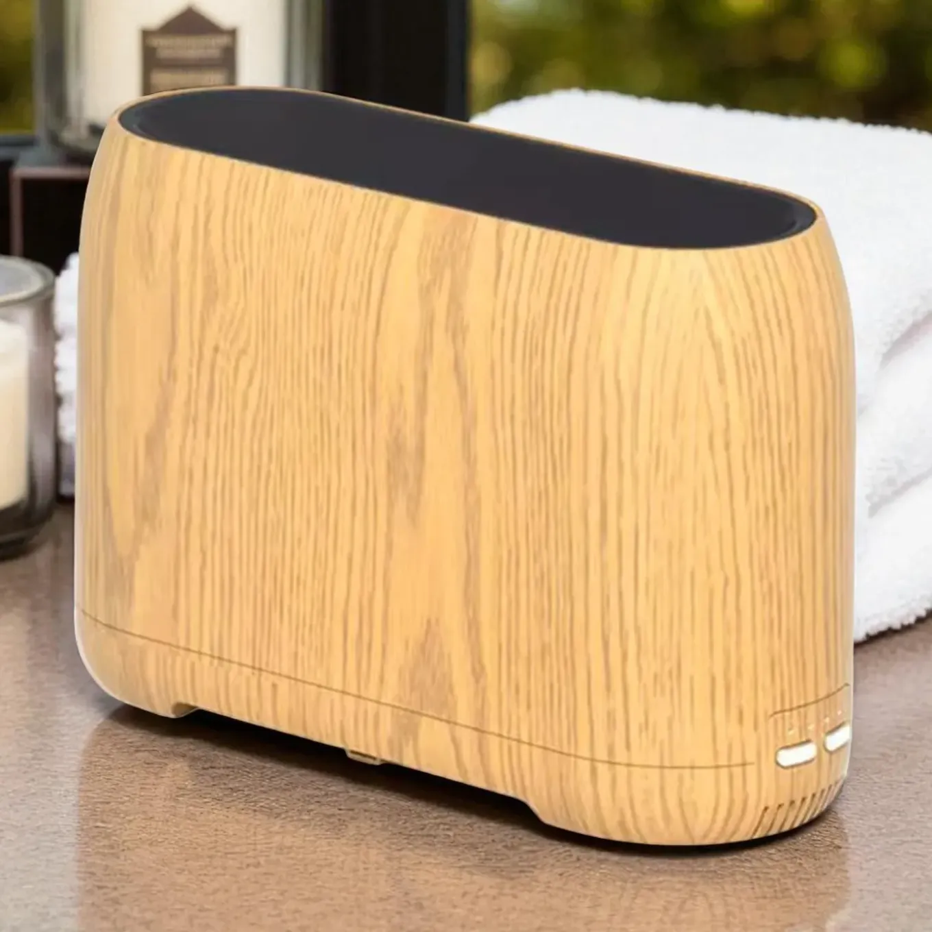 Smartlife Domotica | Wifi Luchtbevochtiger | Vlam & Aroma | Speaker | Ultrasoon | Hout Licht