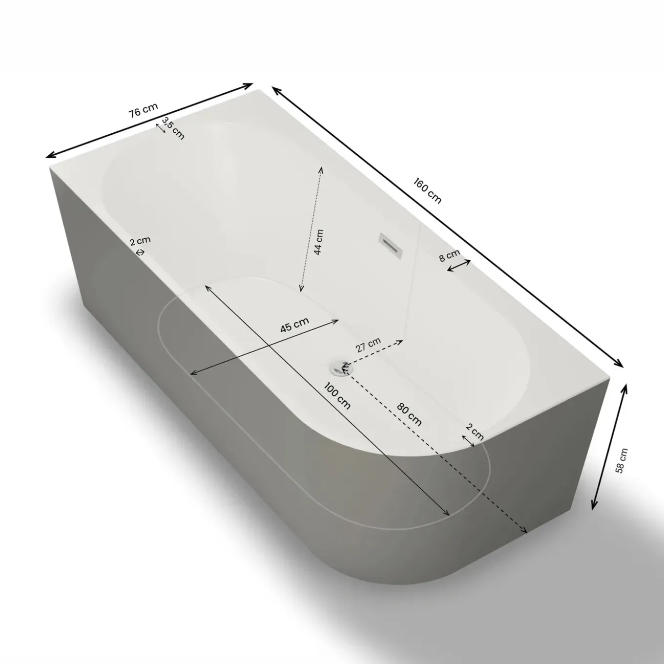 Spalina - Vrijstaand Bad - Capri 160 Gauche Grise 160 X76 X58 Cm - Grijs