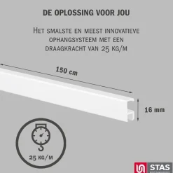 Stas Schilderijrail - Ophangsysteem Schilderijen - Minirail - 300cm - Wit - Complete Kit