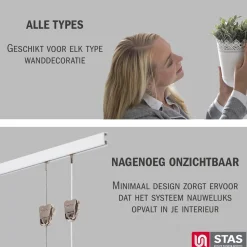 Stas Schilderijrail - Ophangsysteem Schilderijen - Minirail - 300cm - Wit - Complete Kit