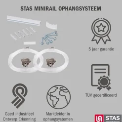 STAS picture hanging systems Stas Schilderijrail - Ophangsysteem Schilderijen - Minirail -150 Cm - Complete Kit - Wit