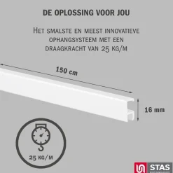 STAS picture hanging systems Stas Schilderijrail - Ophangsysteem Schilderijen - Minirail -150 Cm - Complete Kit - Wit