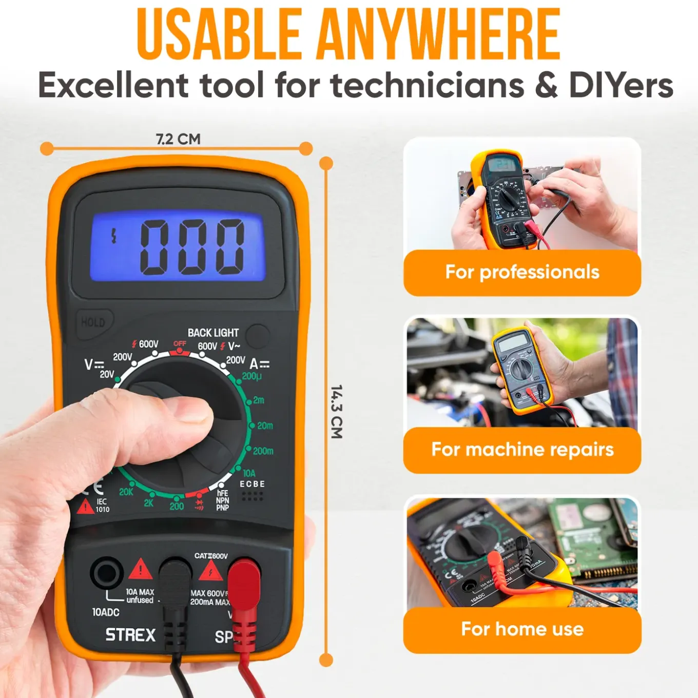Strex Digitale Multimeter - Ac / Dc - Incl. 9v Batterij, Klemtangen & Opberghoes - Multi Meter