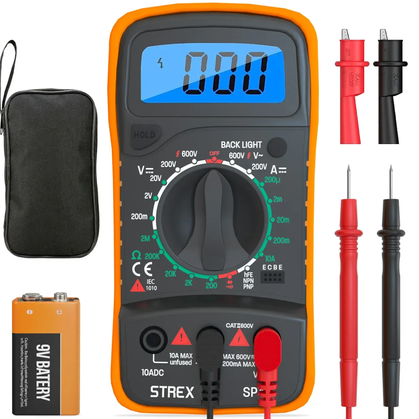 Strex Digitale Multimeter - Ac / Dc - Incl. 9v Batterij, Klemtangen & Opberghoes - Multi Meter