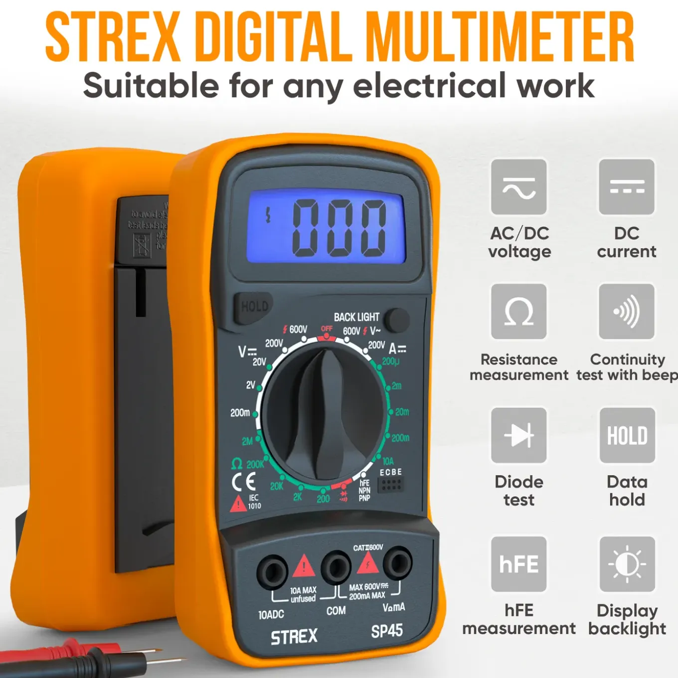 Strex Digitale Multimeter - Ac / Dc - Incl. 9v Batterij, Klemtangen & Opberghoes - Multi Meter