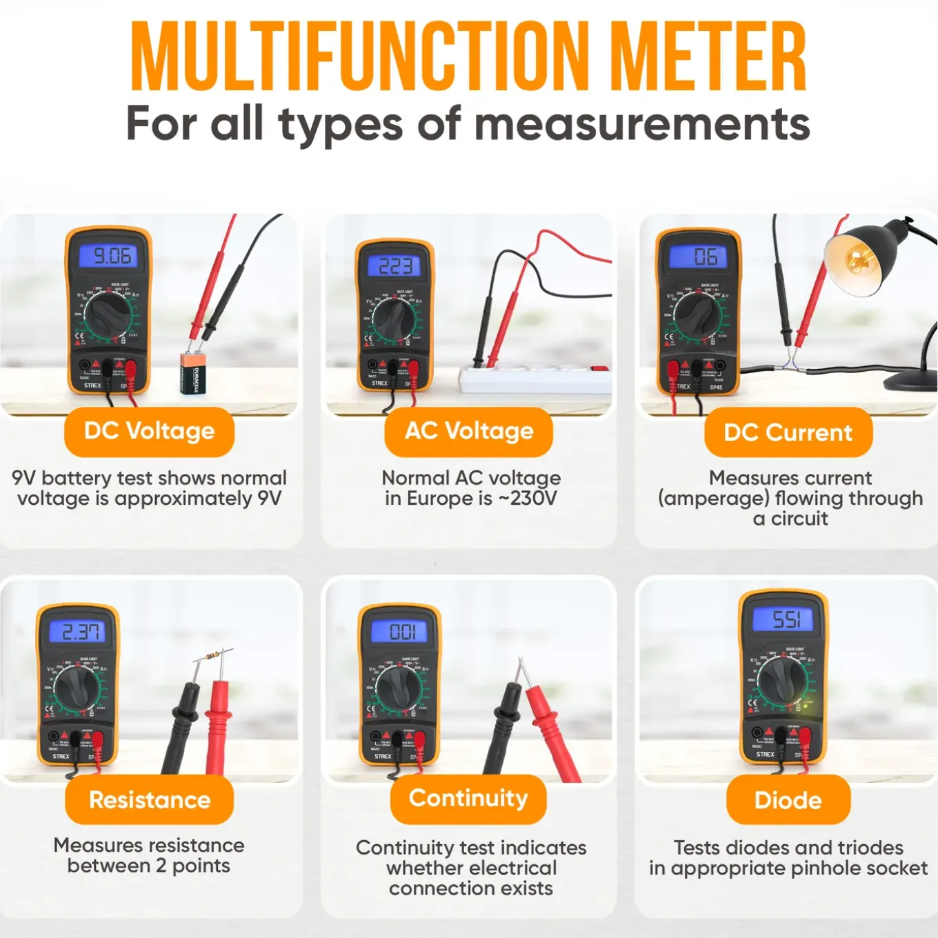 Strex Digitale Multimeter - Ac / Dc - Incl. 9v Batterij, Klemtangen & Opberghoes - Multi Meter