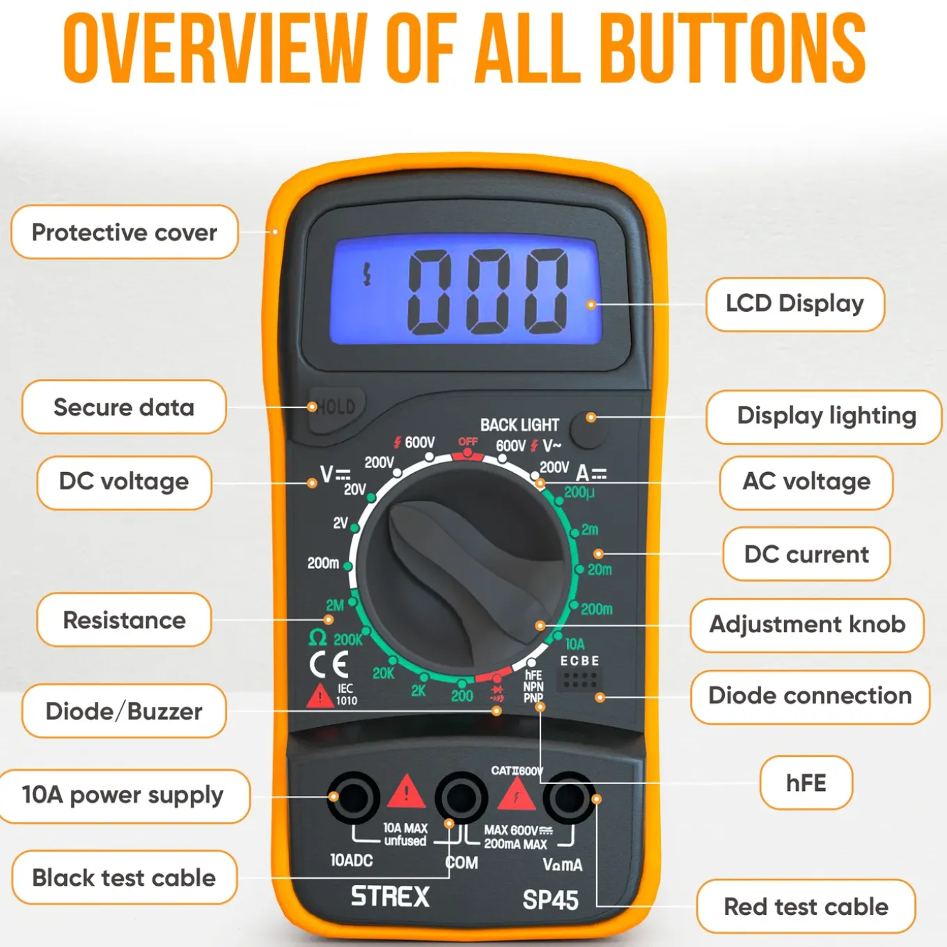Strex Digitale Multimeter - Ac / Dc - Incl. 9v Batterij, Klemtangen & Opberghoes - Multi Meter