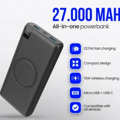 Strex Powerbank Met Draadloze Qi Snellader - 27.000 Mah - 22.5w - O.a. Voor Iphone/samsung
