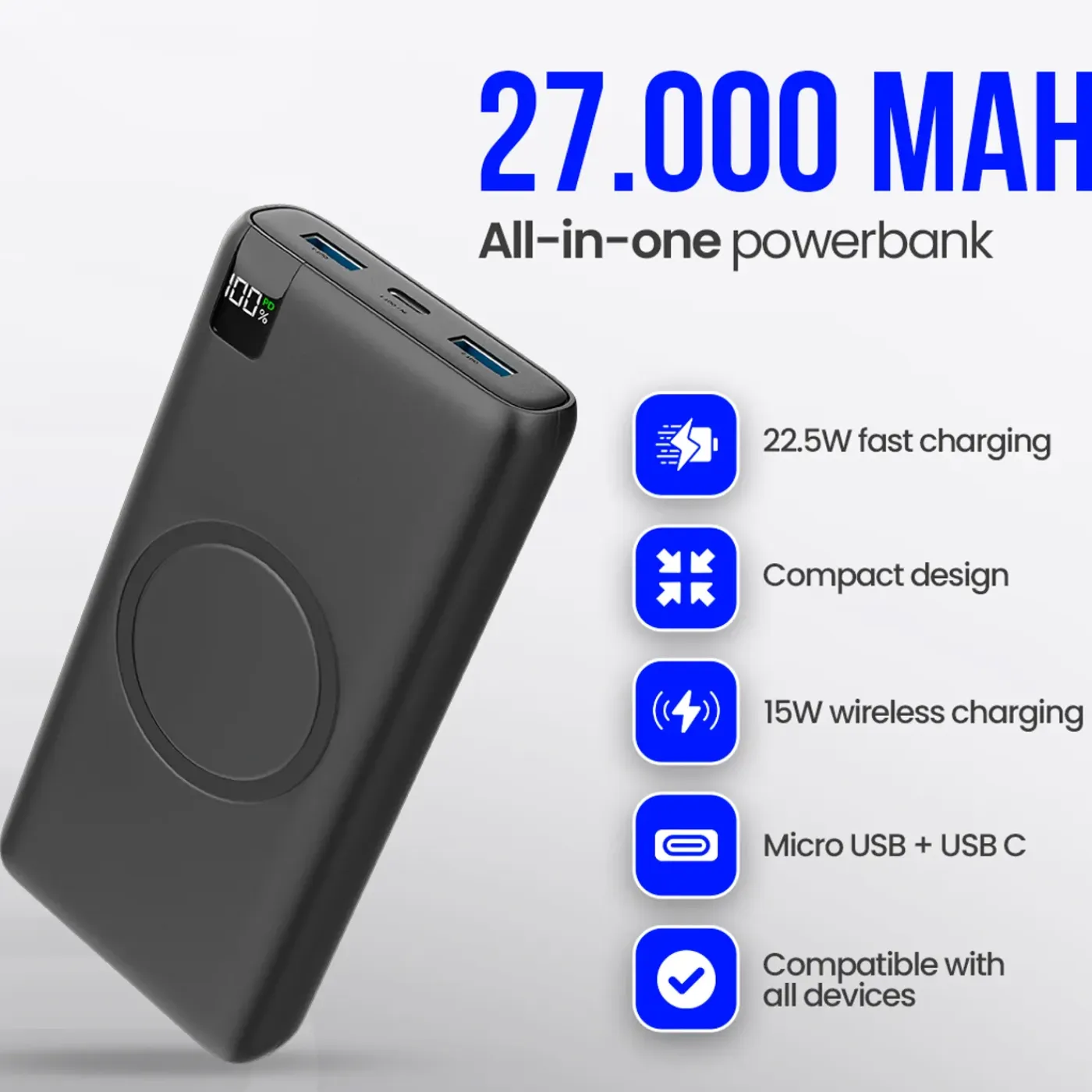 Strex Powerbank Met Draadloze Qi Snellader - 27.000 Mah - 22.5w - O.a. Voor Iphone/samsung
