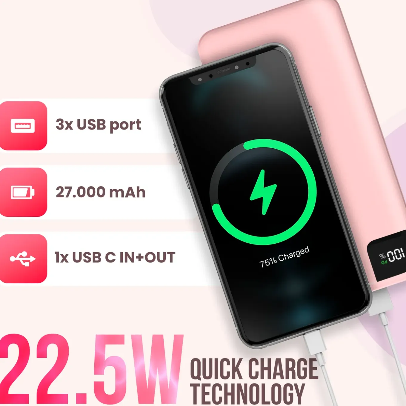Strex Powerbank Roze - 27.000 Mah - 22.5w Snellader - Usb-a/usb-c - O.a. Voor Iphone/samsung