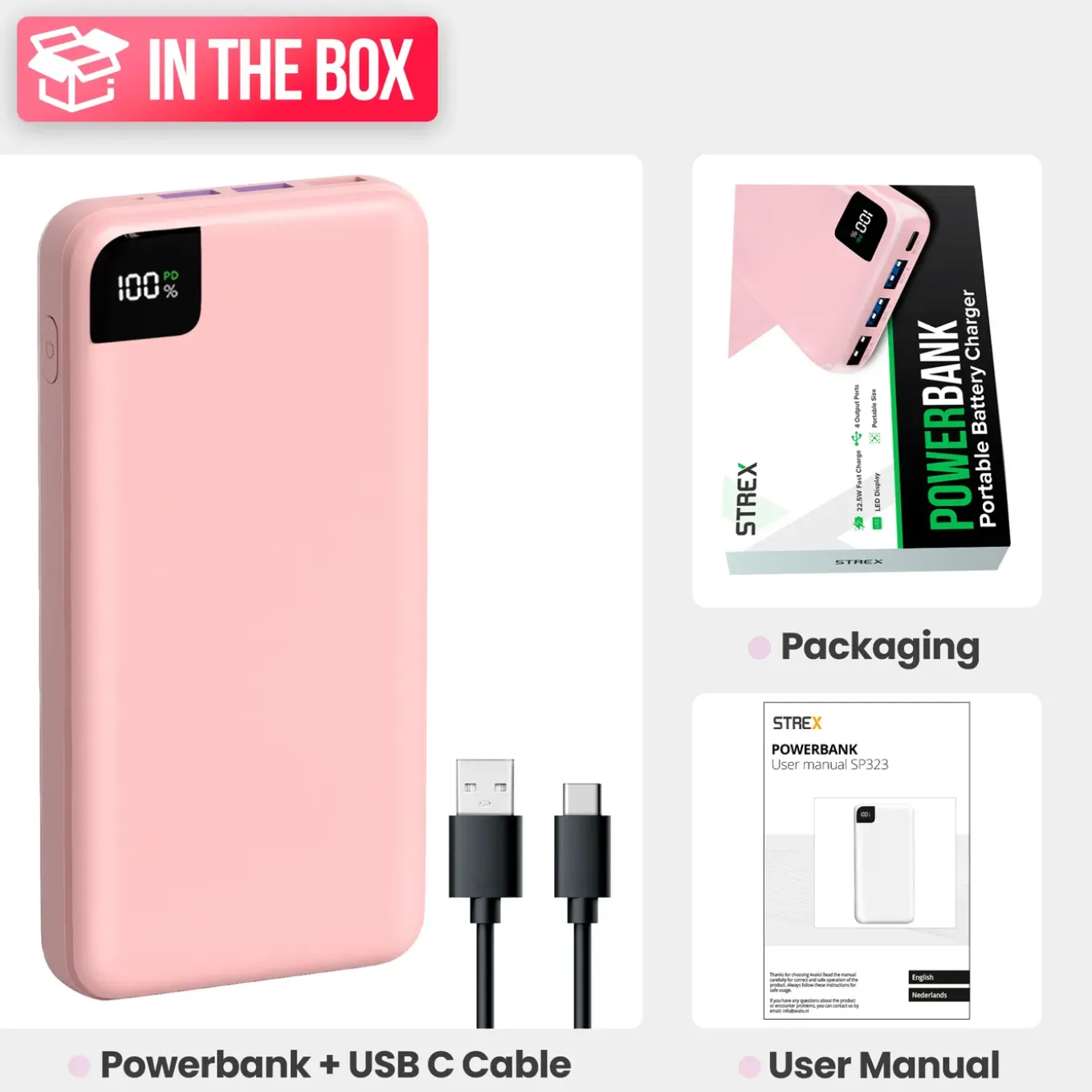 Strex Powerbank Roze - 27.000 Mah - 22.5w Snellader - Usb-a/usb-c - O.a. Voor Iphone/samsung