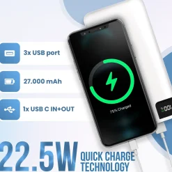 Strex Powerbank Wit - 27.000 Mah - 22.5w Snellader - Usb-a/usb-c - O.a. Voor Iphone/samsung