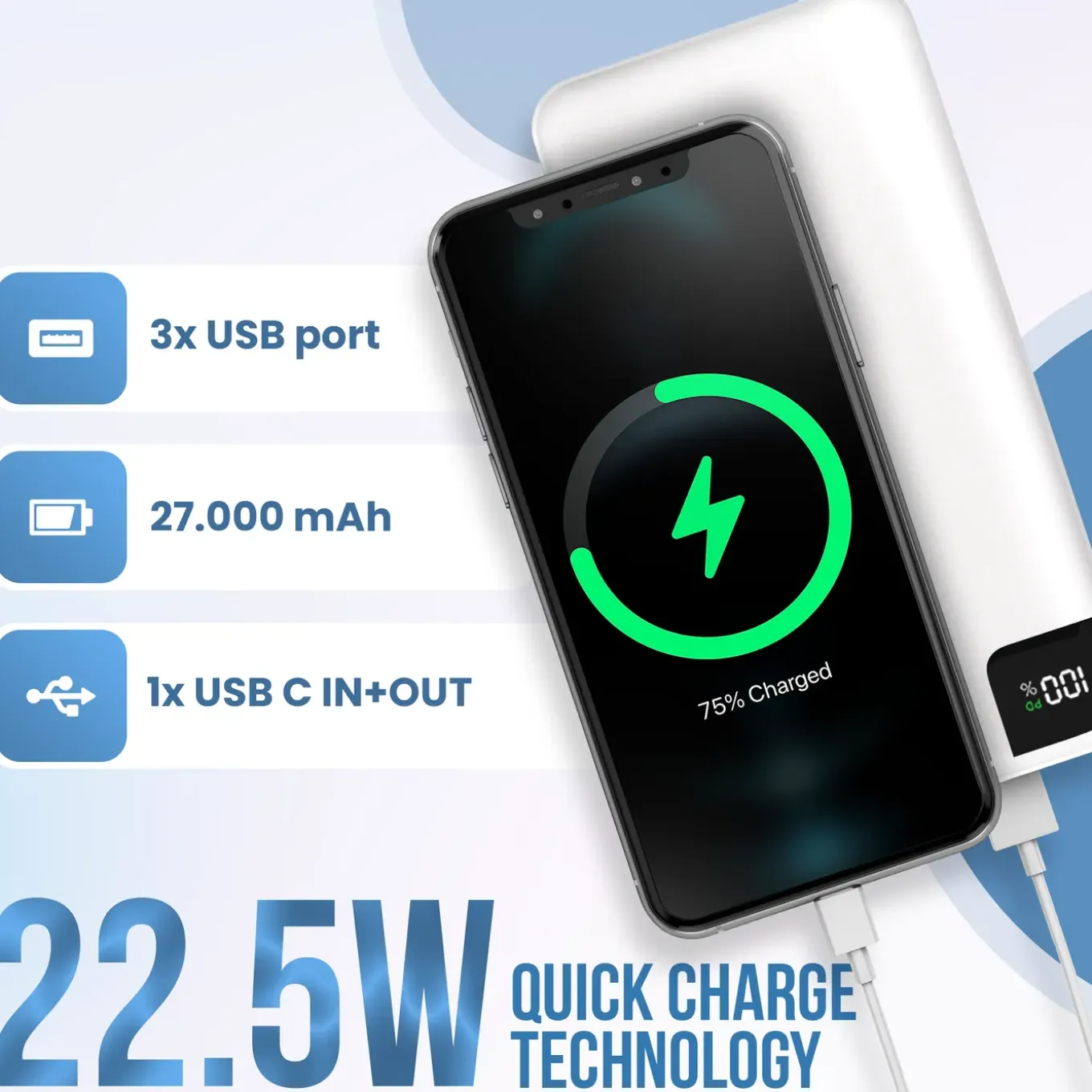 Strex Powerbank Wit - 27.000 Mah - 22.5w Snellader - Usb-a/usb-c - O.a. Voor Iphone/samsung