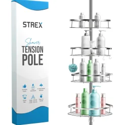 Strex Telescopisch Doucherek Rvs - Verstelbaar 70-275 Cm - 4 Mandjes - Zonder Boren/schroeven