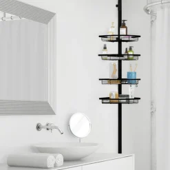 Strex Telescopisch Doucherek Rvs Zwart - Verstelbaar 70-275 Cm - 4 Mandjes - Zonder Boren/schroeven