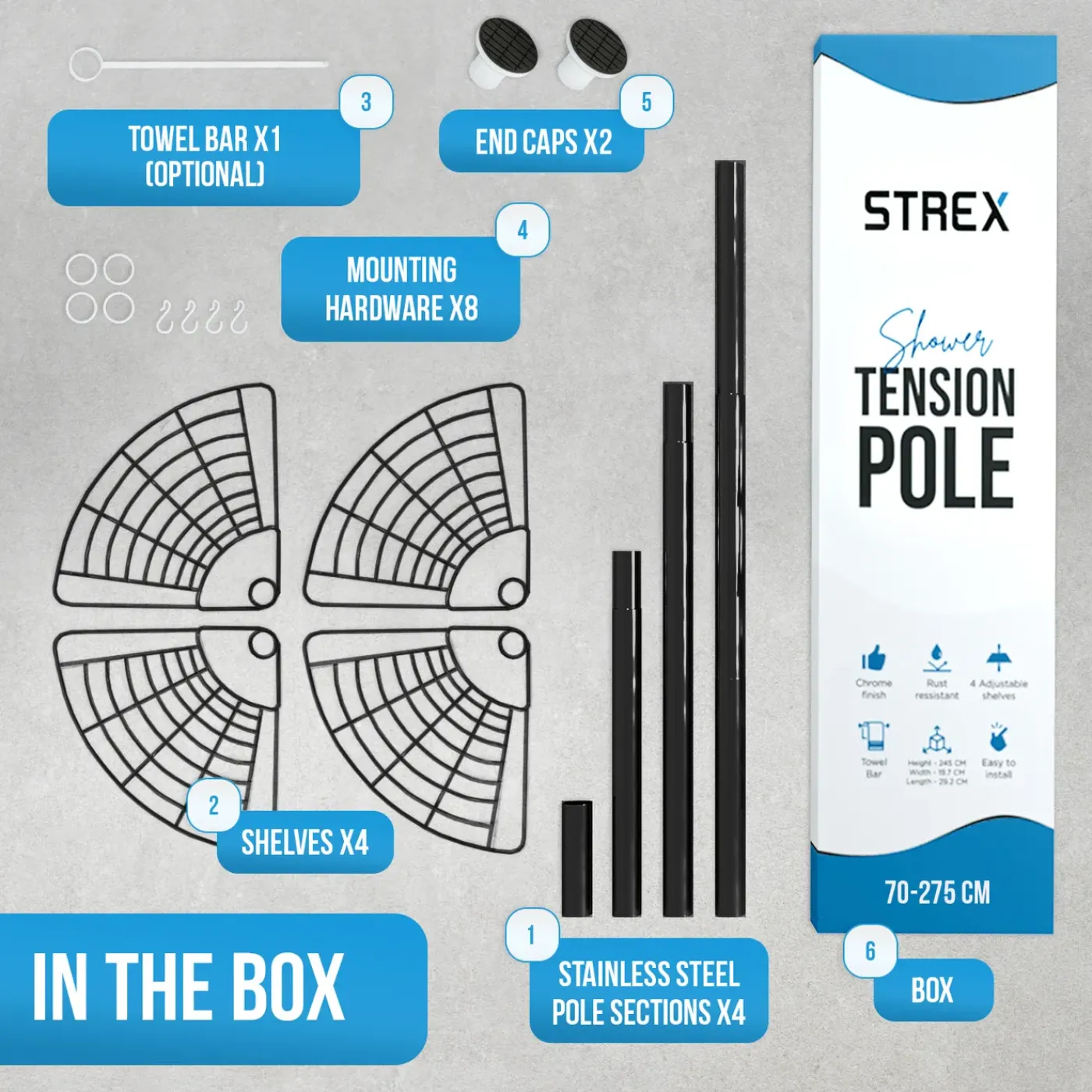 Strex Telescopisch Doucherek Rvs Zwart - Verstelbaar 70-275 Cm - 4 Mandjes - Zonder Boren/schroeven