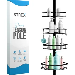 Strex Telescopisch Doucherek Rvs Zwart - Verstelbaar 70-275 Cm - 4 Mandjes - Zonder Boren/schroeven