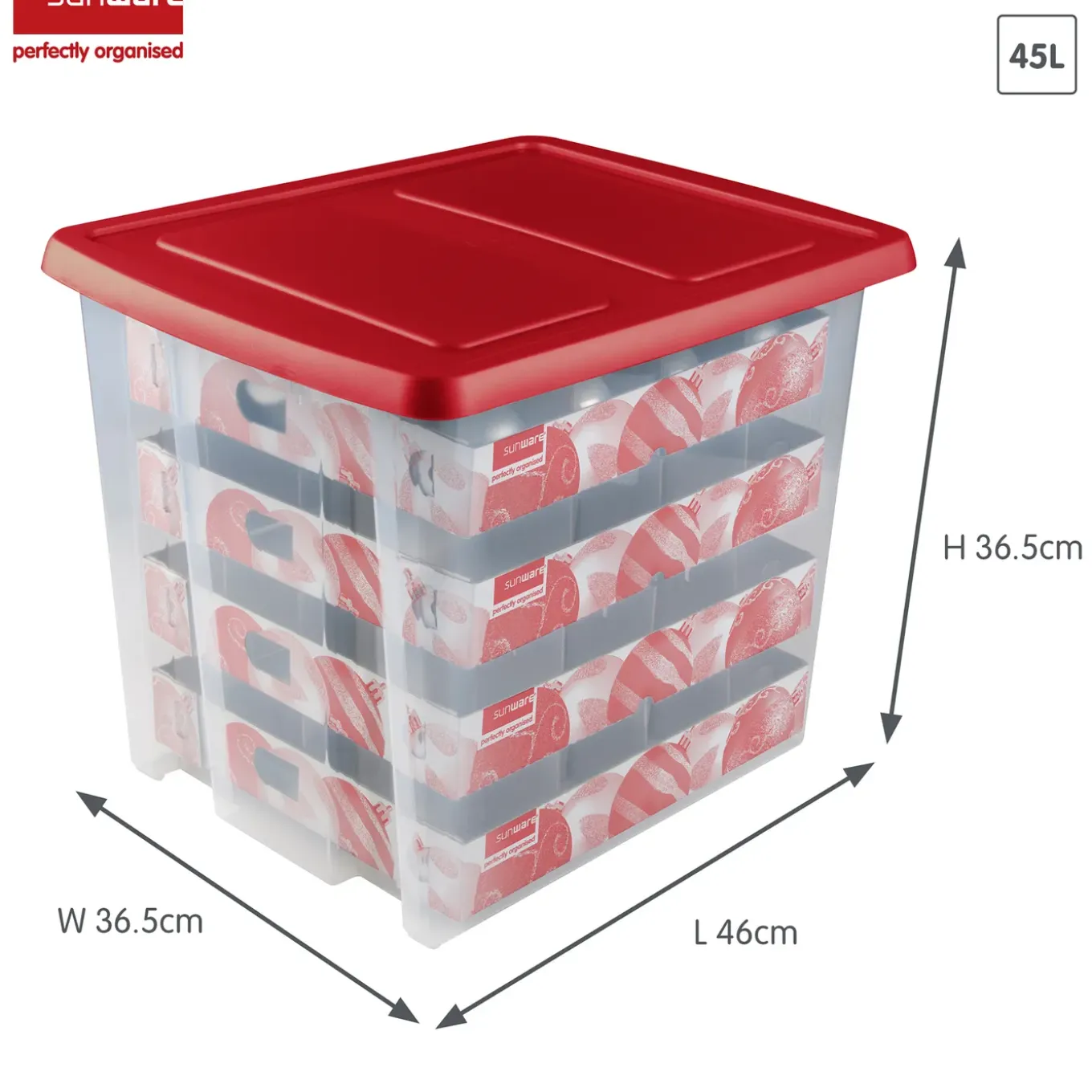 Sunware Nesta Kerst Opbergbox 45l Met Trays Voor 64 Ballen Transparant Rood