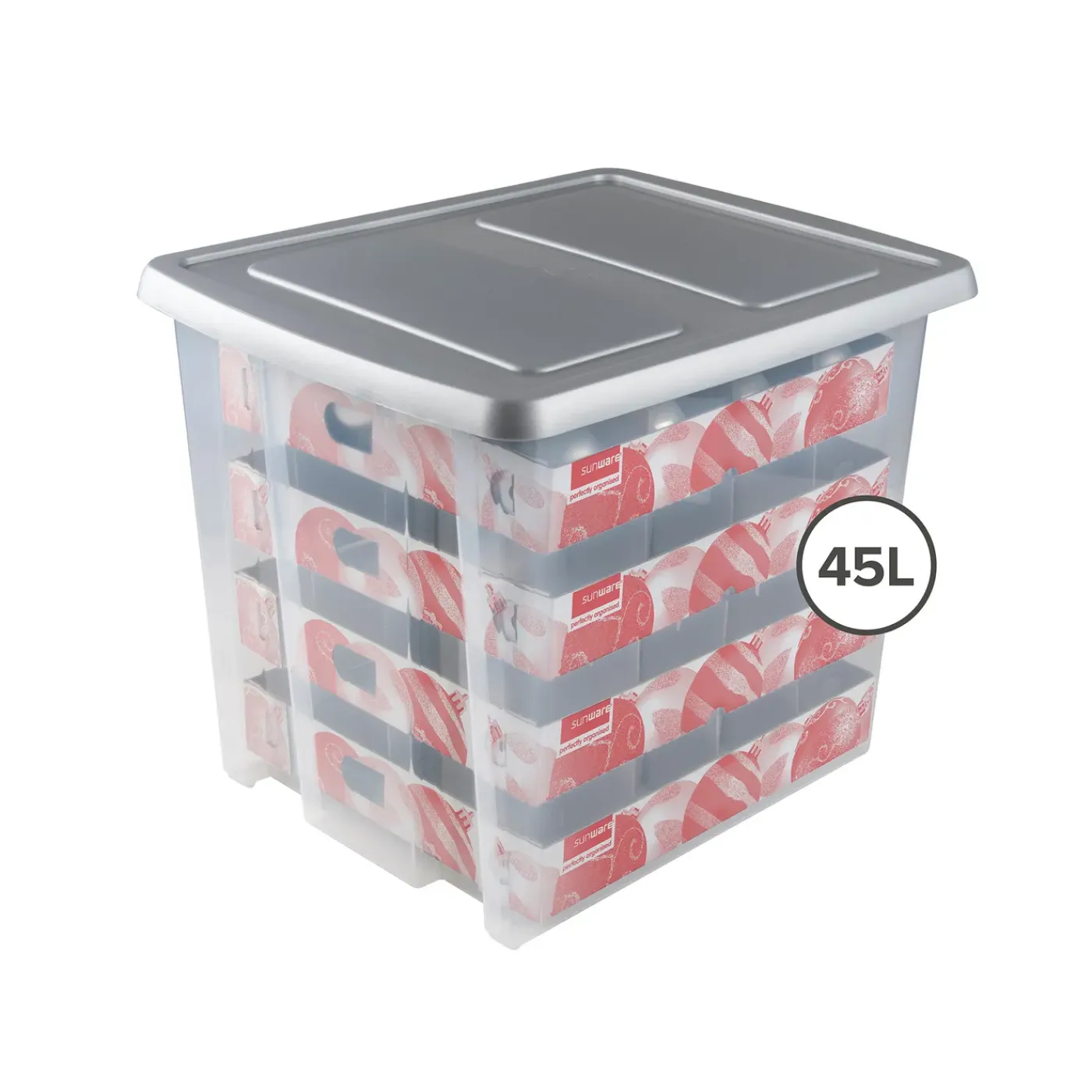 Sunware Nesta Kerst Opbergbox 45l Met Trays Voor 64 Ballen Transparant Grijs