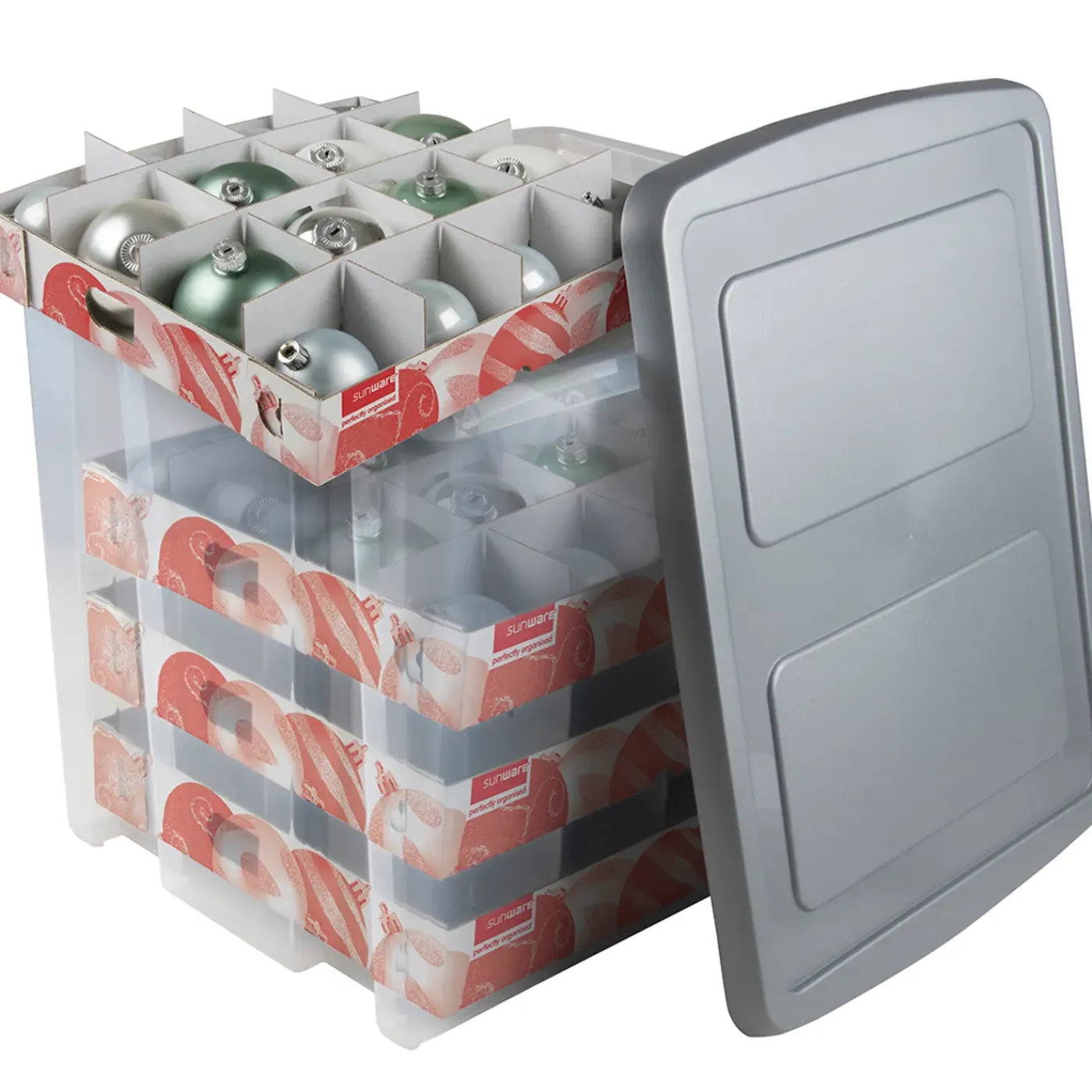Sunware Nesta Kerst Opbergbox 45l Met Trays Voor 64 Ballen Transparant Grijs