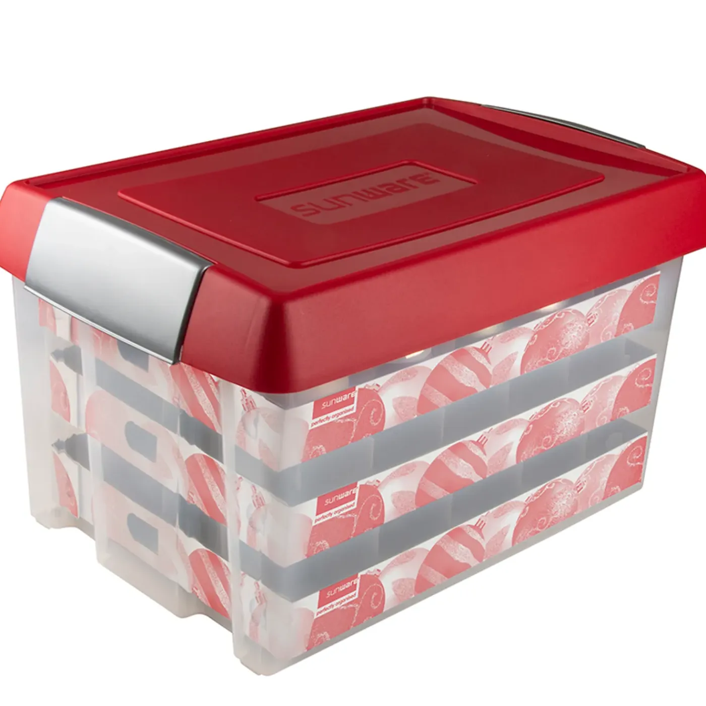 Sunware Nesta Kerst Opbergbox 60l Met Trays Voor 60 Kerstballen Transparant Rood