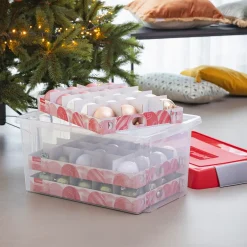 Sunware Nesta Kerst Opbergbox 60l Met Trays Voor 60 Kerstballen Transparant Rood