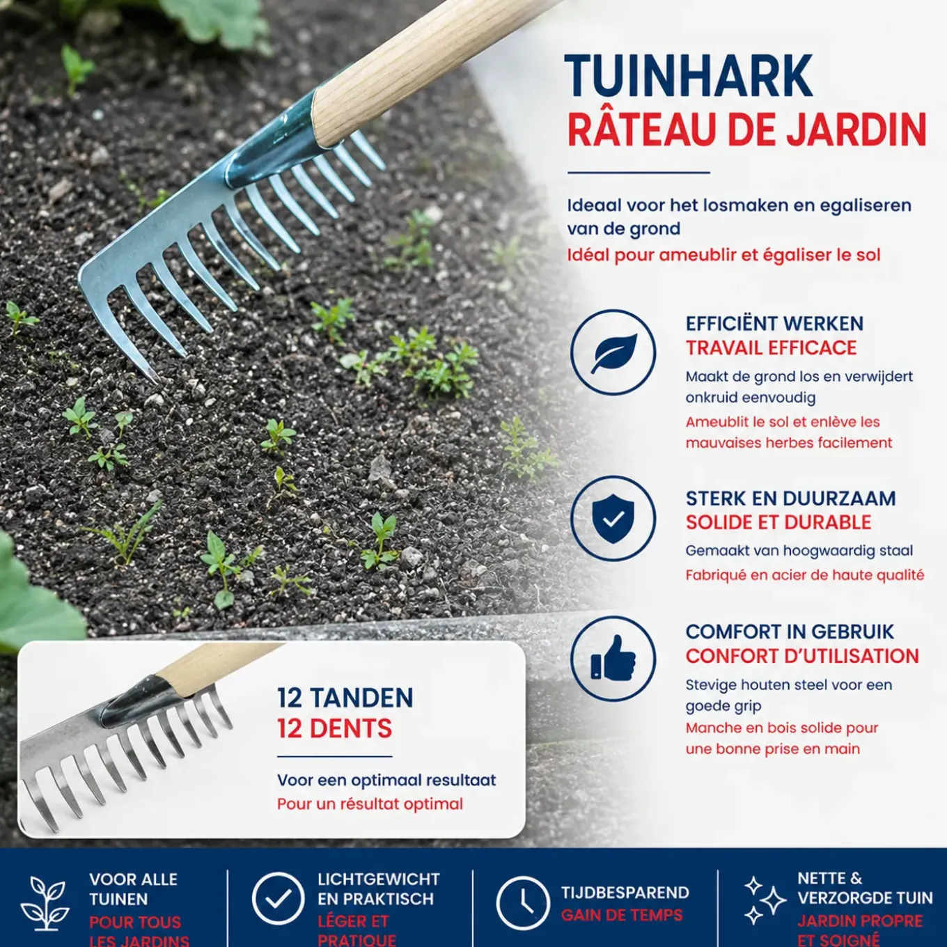 Synx Tools Tuinhark 12 Tanden Verzinkt + Nylon Straatbezem 60 Cm –– Hark Steel Buitenbezem 150 Cm