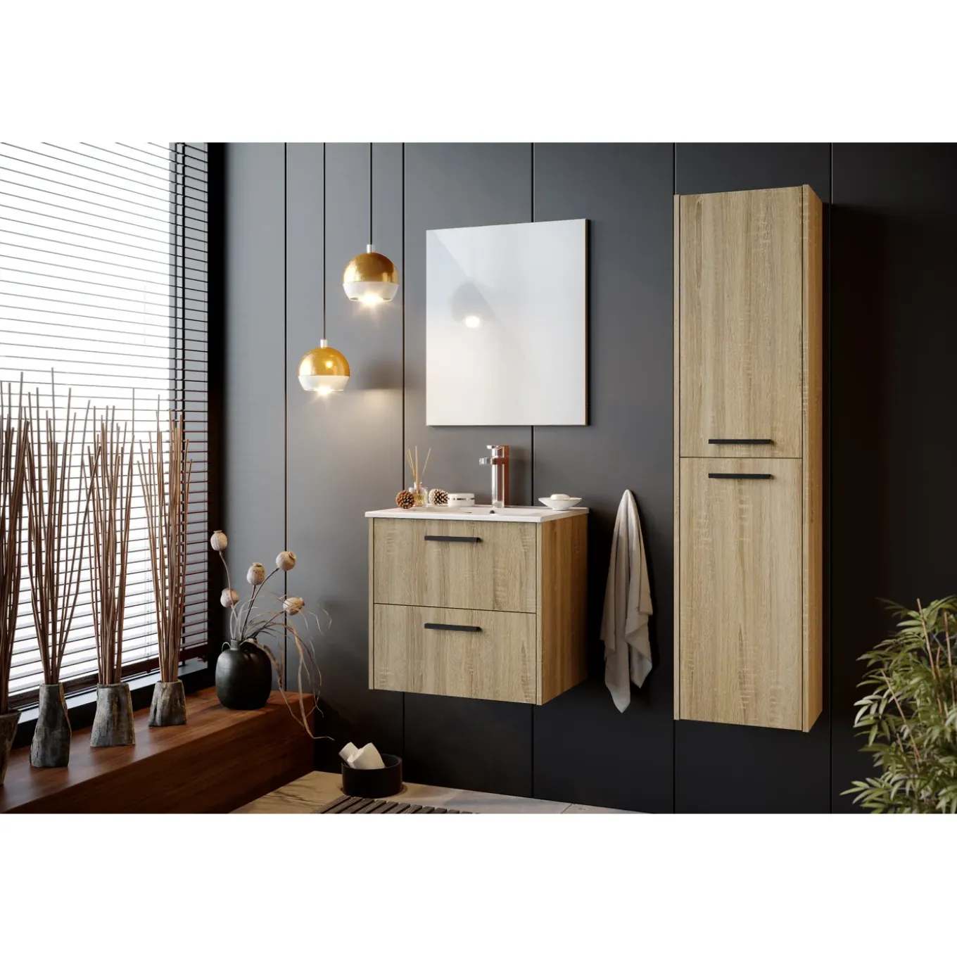 Talesa badmeubelset Sophia wastafelonderkast 60cm met kolomkast 180cm in eiken