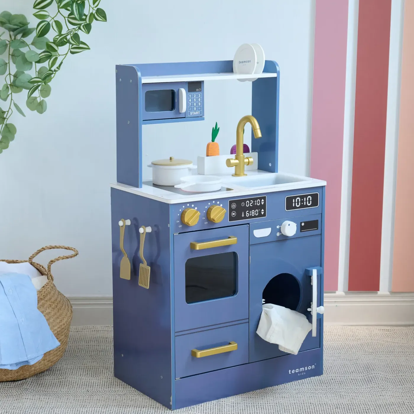 Teamson Kids - Blauwe Houten Speelkeuken Little Chef - Gootsteen, Tuin, Accessoires