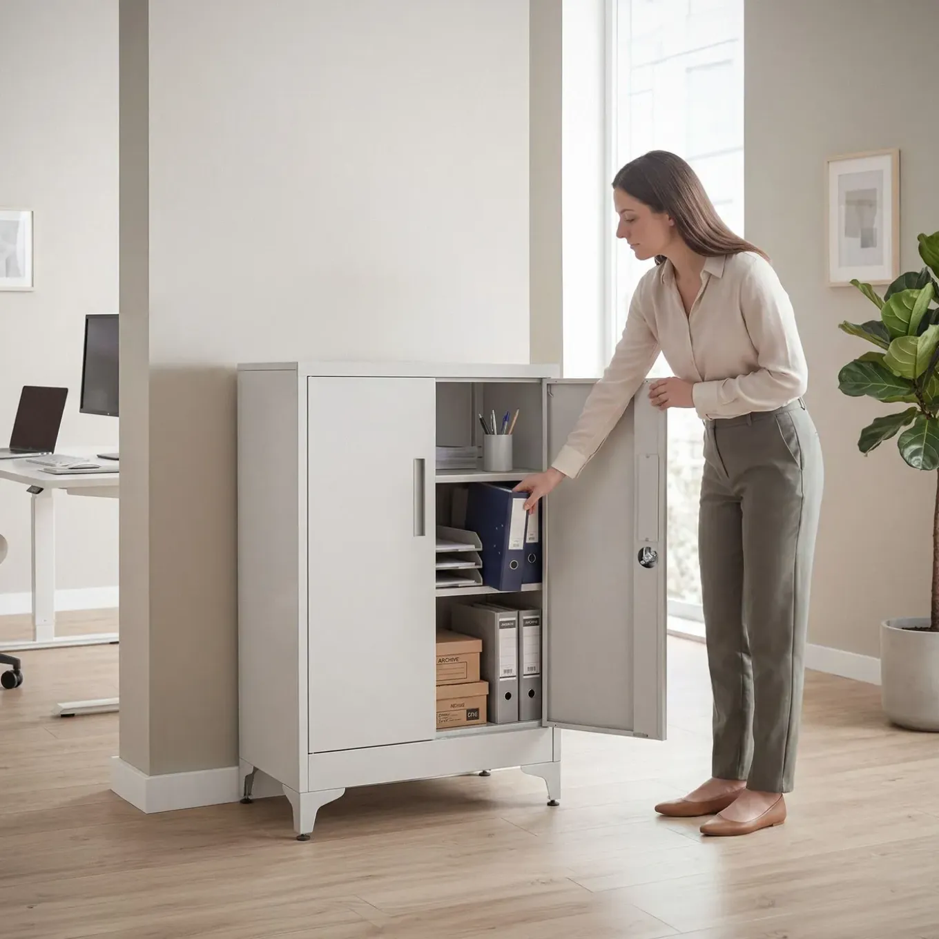 Tectake - Archiefkast - Staal - Grijs - 3 Verstelbare Vakken - Met Slot - 60x40x100cm