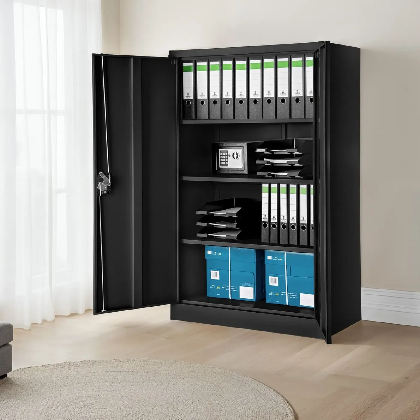 Tectake Archiefkast - Zwart - Metalen - Met Slot - 4 Vakken - Verstelbare Planken