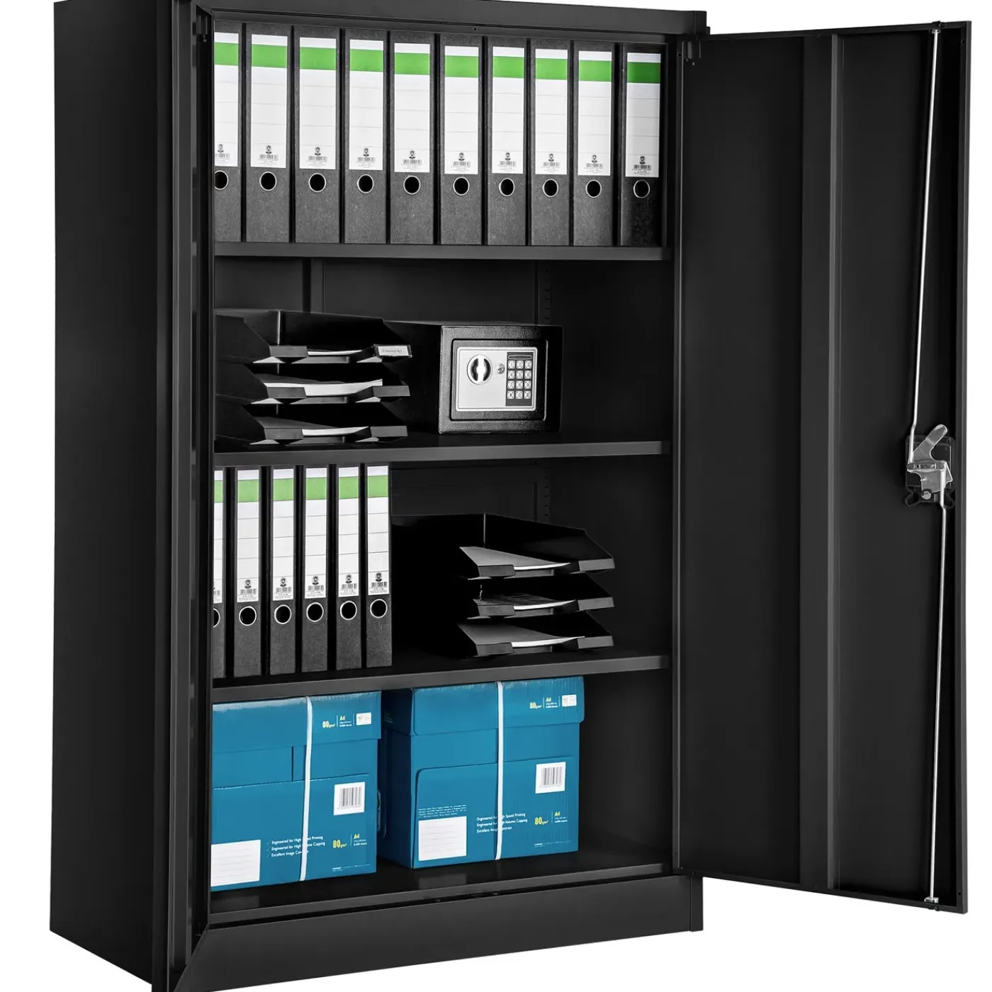 Tectake Archiefkast - Zwart - Metalen - Met Slot - 4 Vakken - Verstelbare Planken