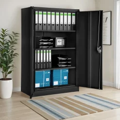 Tectake Archiefkast - Zwart - Metalen - Met Slot - 4 Vakken - Verstelbare Planken