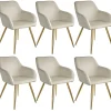 Tectake Eetkamerstoel Set Van 6, Fluweellook, Met Armleuningen, Ergonomisch Design, Crème/goud