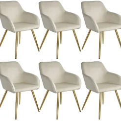 Tectake Eetkamerstoel Set Van 6, Fluweellook, Met Armleuningen, Ergonomisch Design, Crème/goud