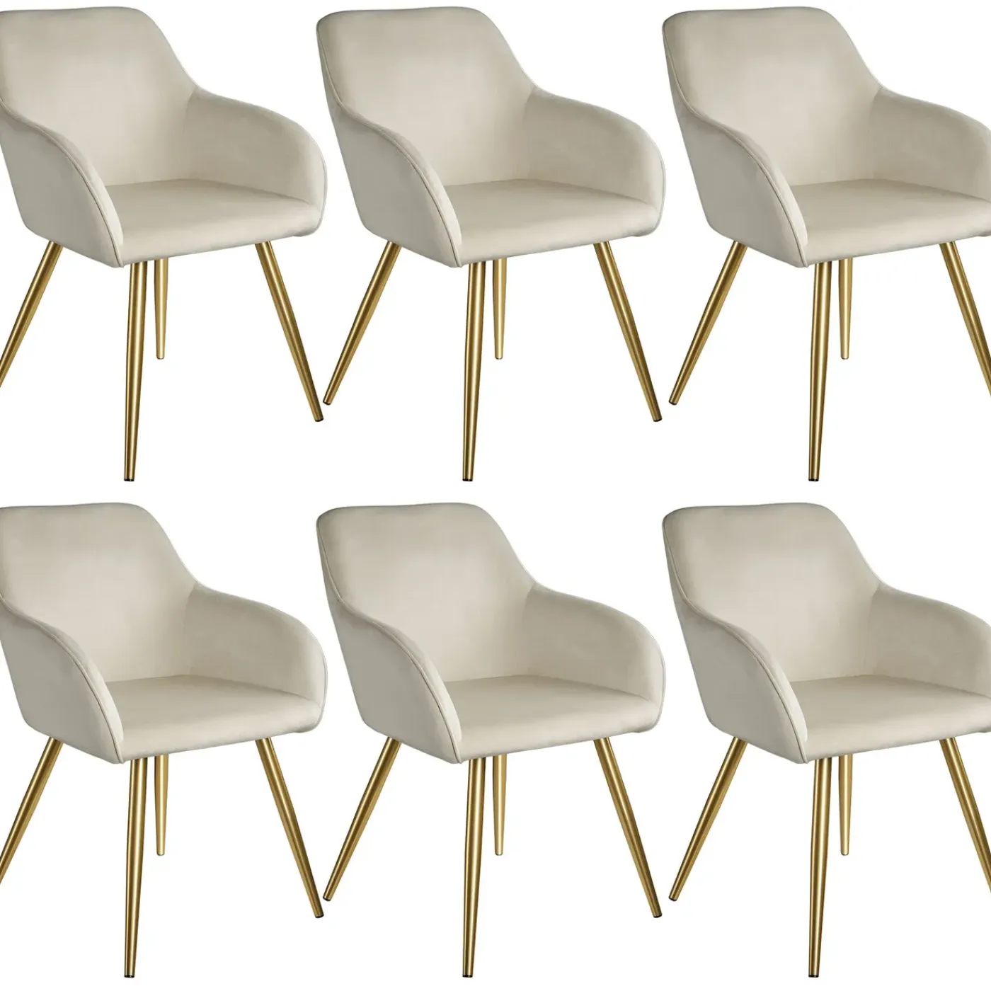 Tectake Eetkamerstoel Set Van 6, Fluweellook, Met Armleuningen, Ergonomisch Design, Crème/goud