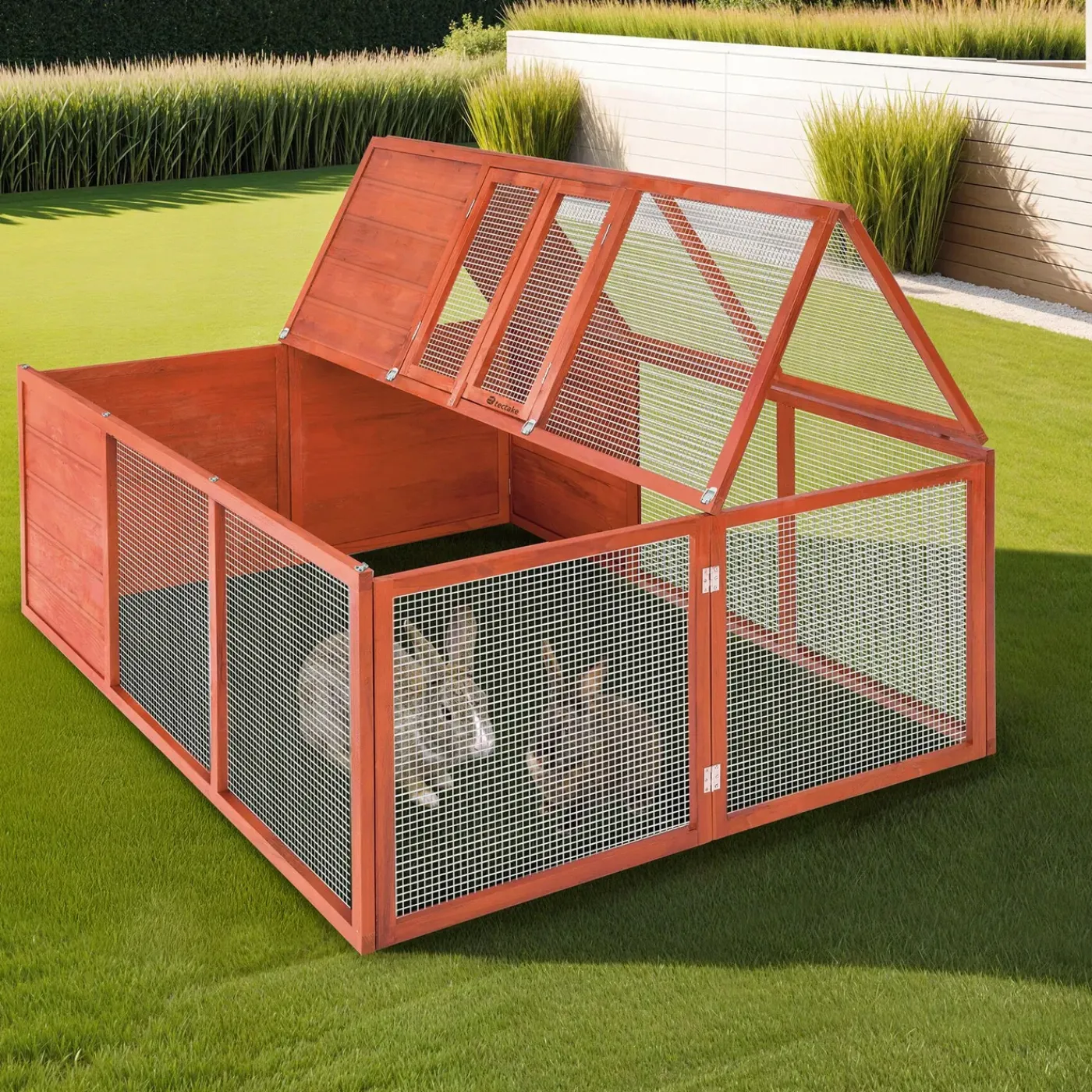Tectake Konijnenhok Murphy - Opvouwbaar - Met Dakopening - 150x103x53cm - Fijnmazig Rooster - Bruin
