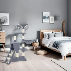 Tectake Krabpaal Dominik 144cm - Met Kattenhuisje - Grijs