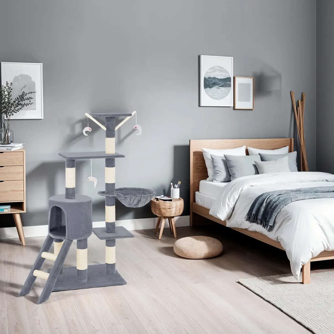 Tectake Krabpaal Dominik 144cm - Met Kattenhuisje - Grijs