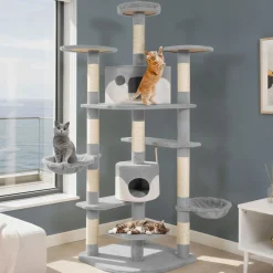 Tectake Krabpaal Fippi 201cm - Met 2 Kattenhuisjes - Grijs/wit