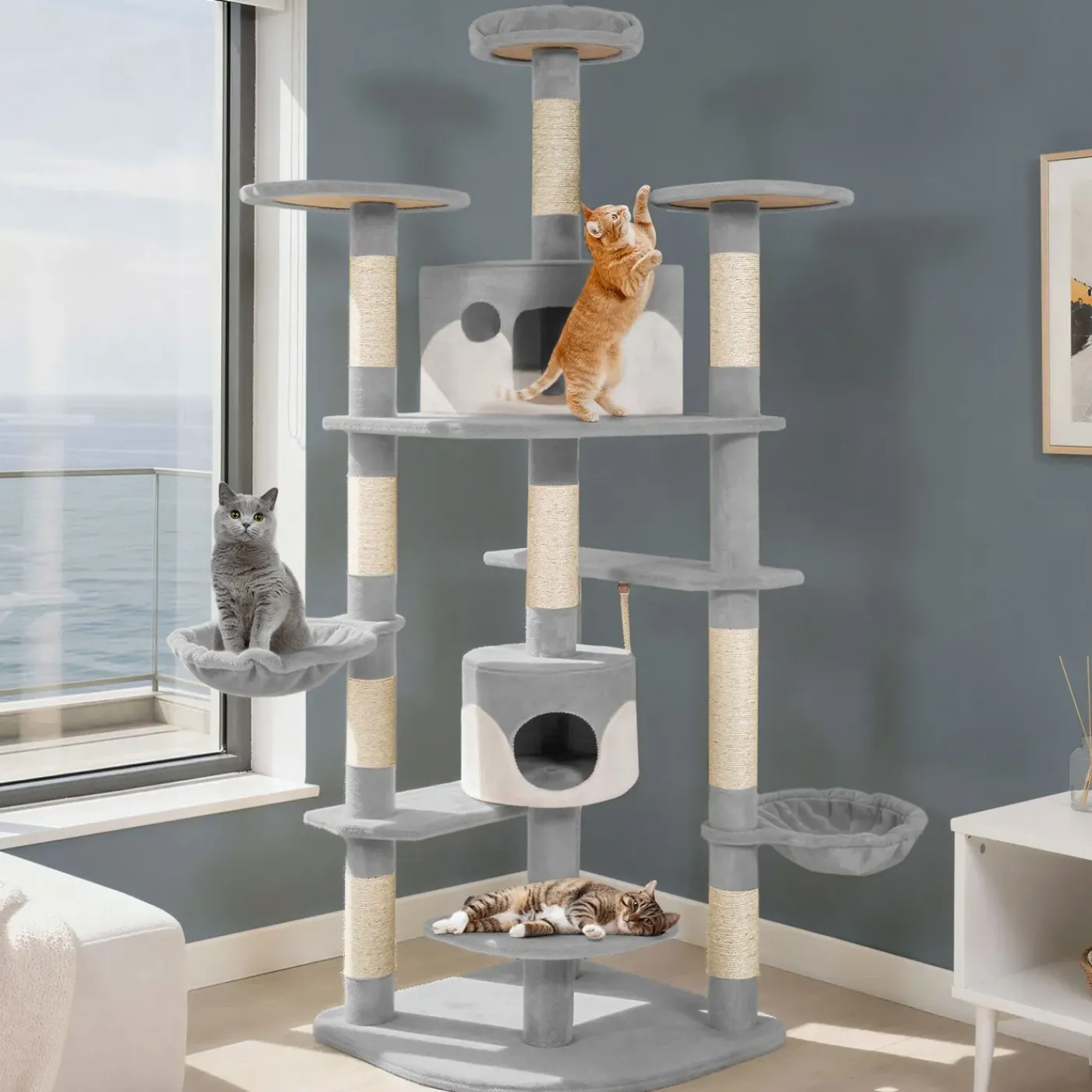Tectake Krabpaal Fippi 201cm - Met 2 Kattenhuisjes - Grijs/wit