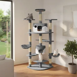 Tectake Krabpaal Fippi 201cm - Met 2 Kattenhuisjes - Grijs/wit