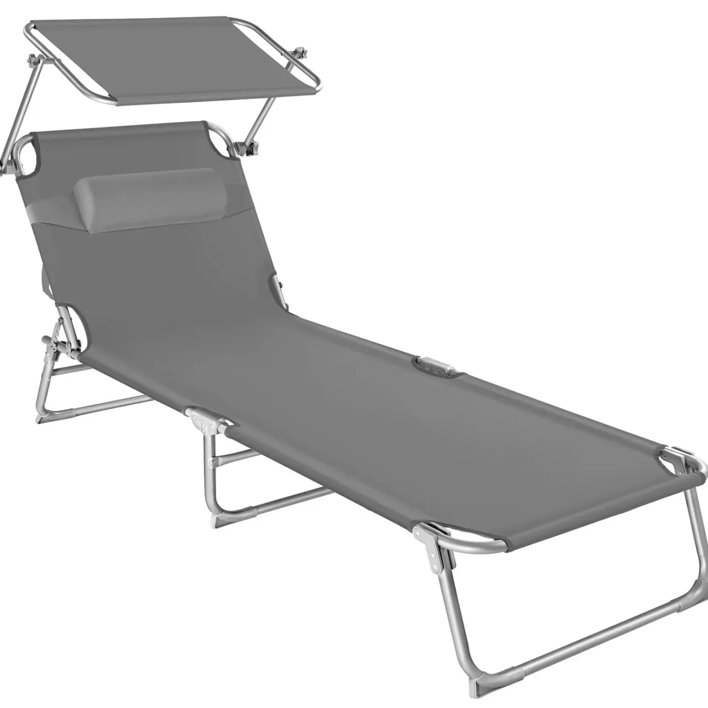 Tectake Ligbed met Zonnescherm - 4 Niveaus - Met Hoofdkussen - Ligstoel - Strandstoel
