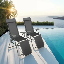 Tectake 2 Opvouwbare Aluminium Tuinstoelen Met Rug- En Voetsteun - Set Van 2 - Antraciet