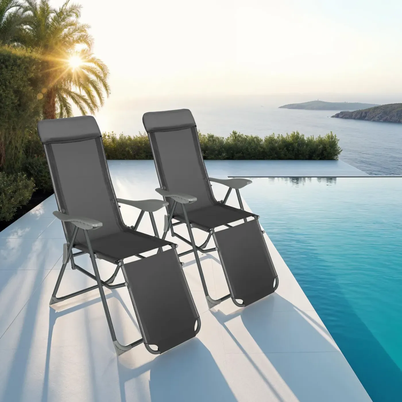 Tectake 2 Opvouwbare Aluminium Tuinstoelen Met Rug- En Voetsteun - Set Van 2 - Antraciet