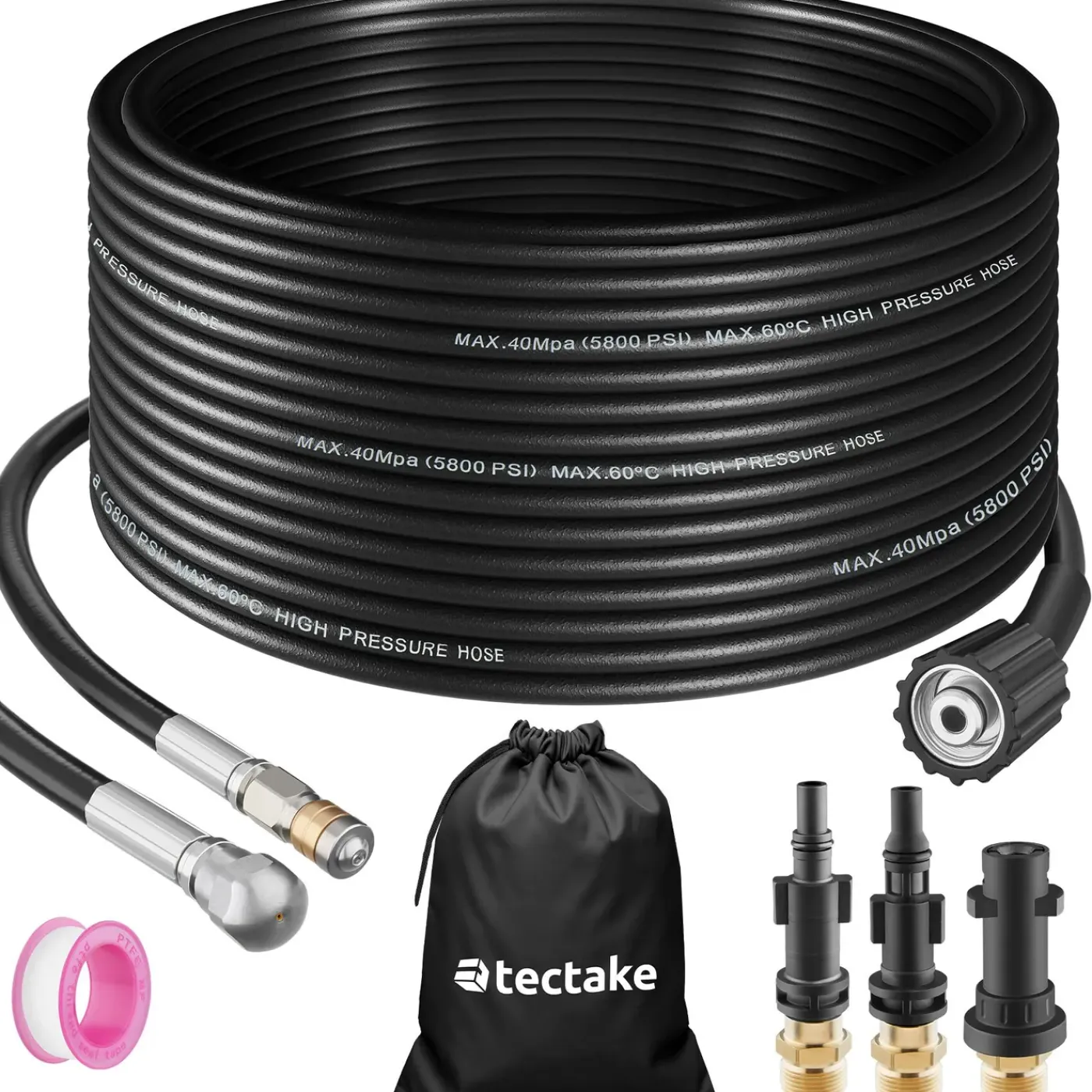 Tectake Rioolreinigingsslang-set Incl. 2 Sproeiers & 3 Adapters - Zwart