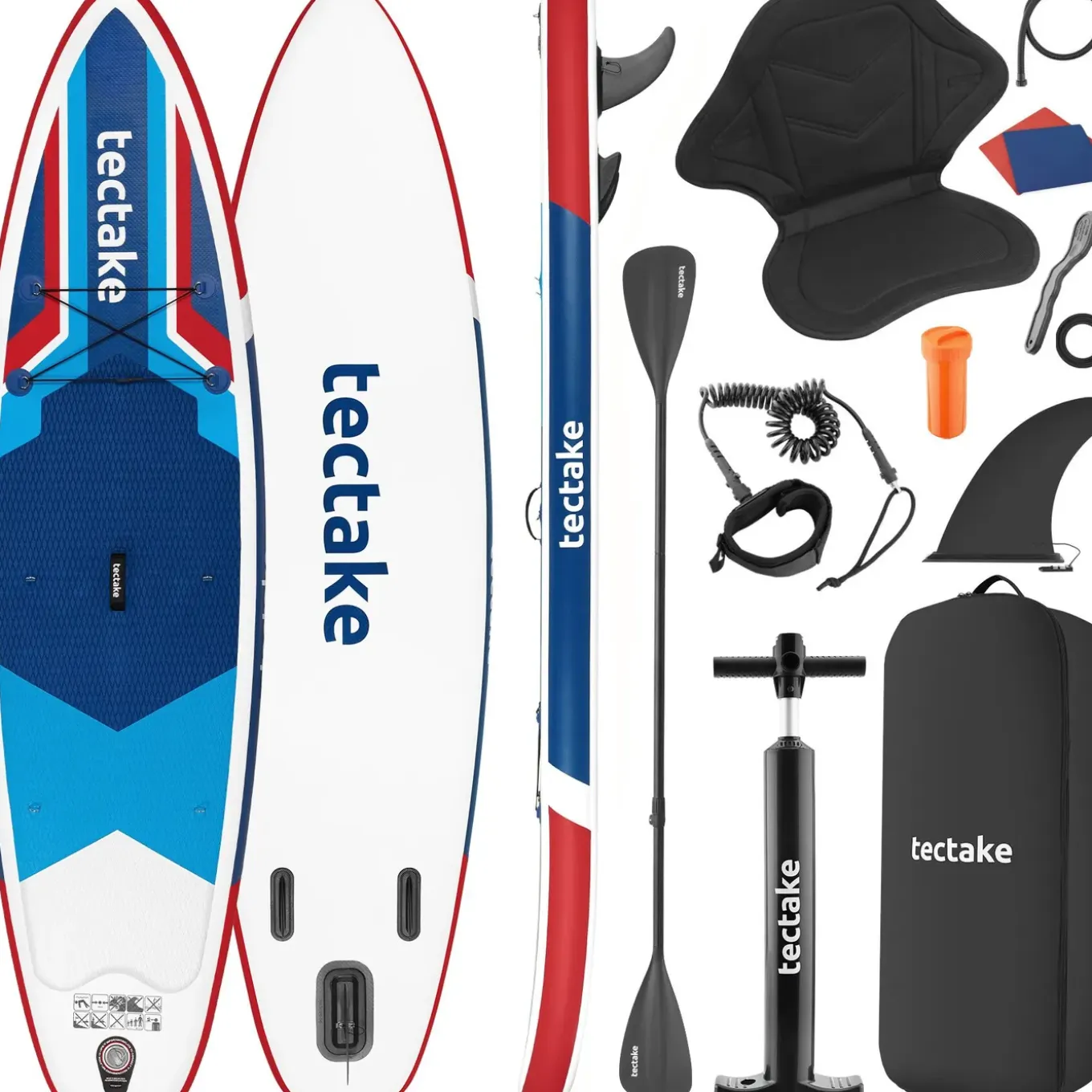 Tectake - Stand-up-paddleboard - Opblaasbaar - Kajakzitting - Tot 200 Kg - Rood En Blauw